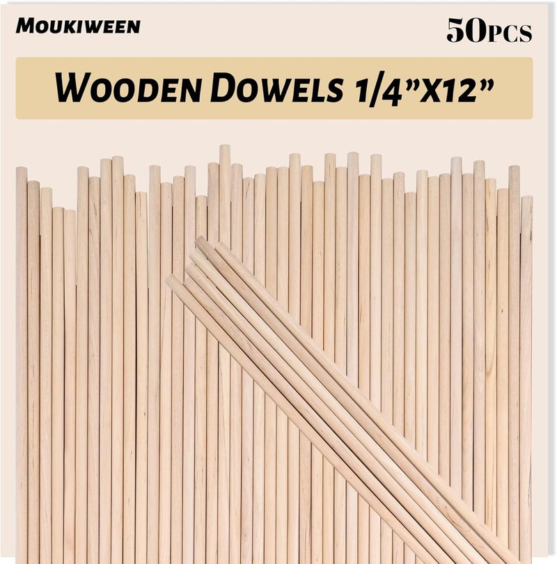 Moukiween Wooden Dowel Rods, 50PCS 1/4 x 12 Inch Round Wooden Sticks for Arts Crafts, Home Decor, Cake Support, Photo Booth Props, Unfinished Natural Hardwood Sticks - Image 1